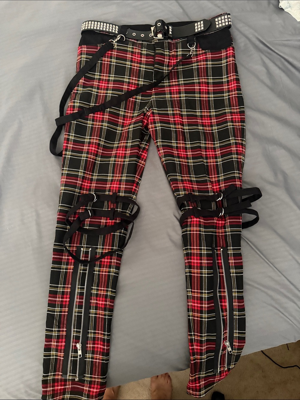 Hell Bunny Red and Black Tartan Skinny plaid Pants with Studded Belt